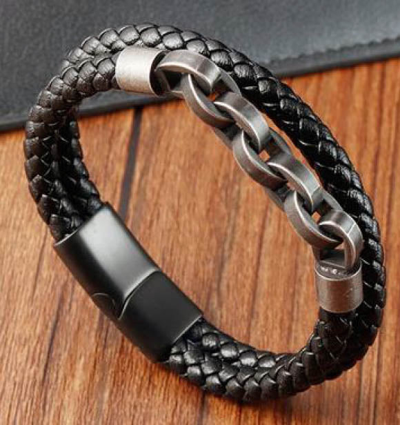 Stainless steel store braided leather bracelet