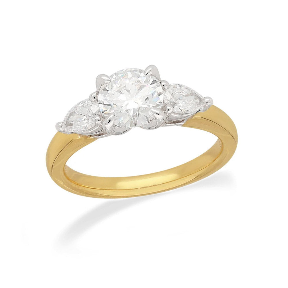 18ct Yellow and White Gold Lab-Grown Round and Pear Trilogy Diamond Engagement ring, 1.03ct centre