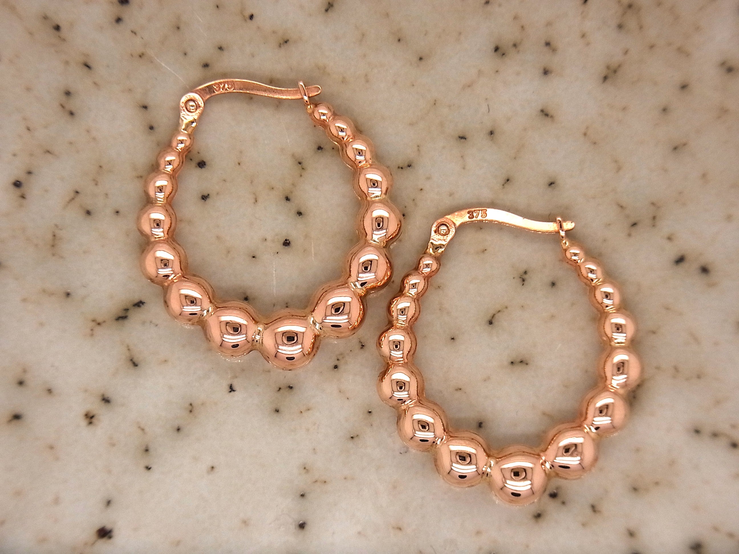 9ct Rose Gold Beaded oval Hoop earrings