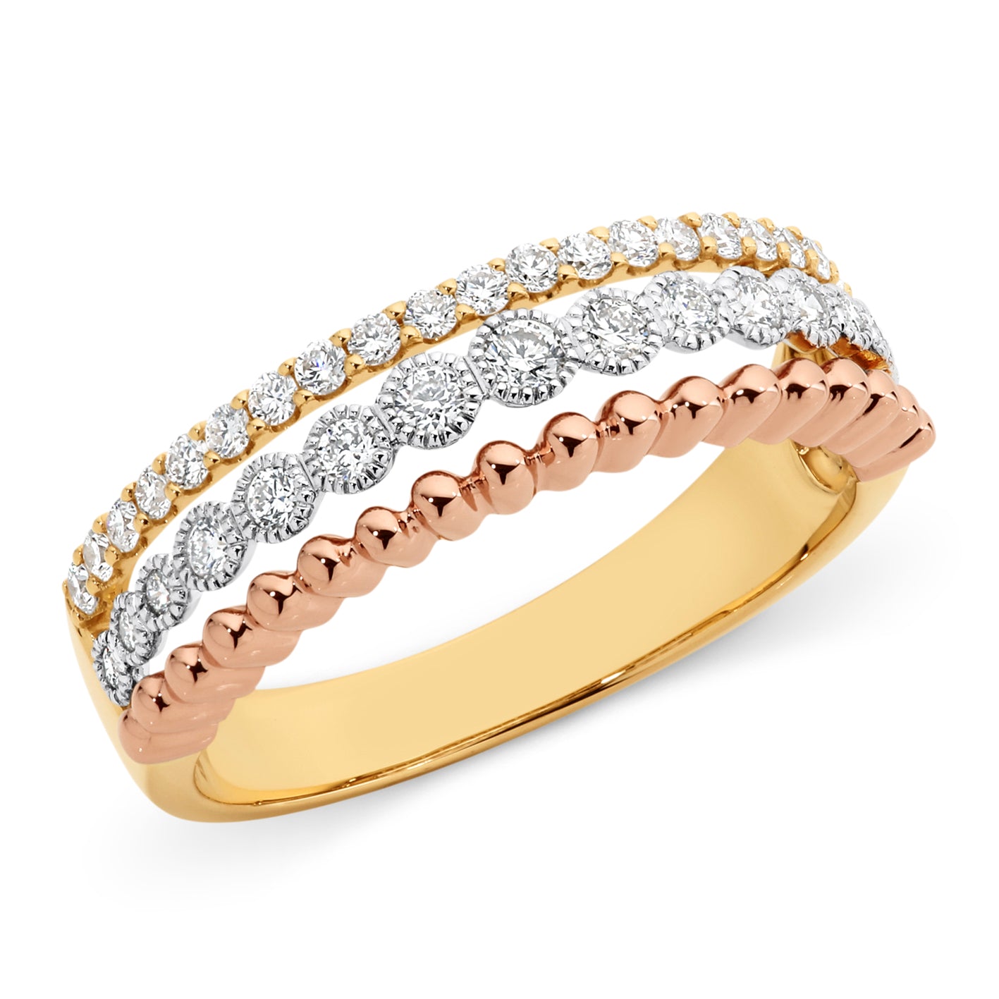9ct Yellow, Rose and White Gold multistrand Diamond ring