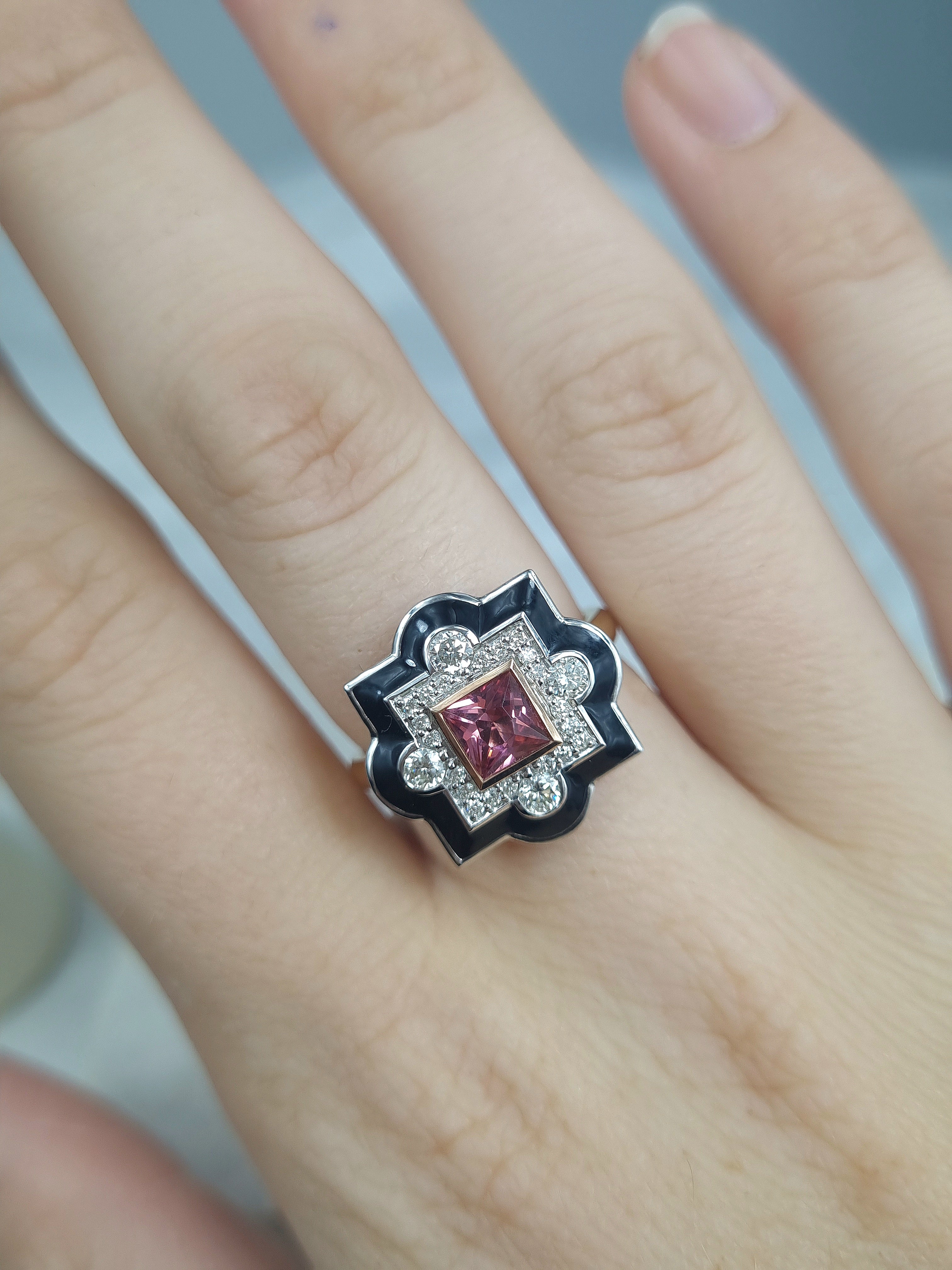 9 carat 3-Tone Pink Tourmaline, Diamond & Black Enamel Ring