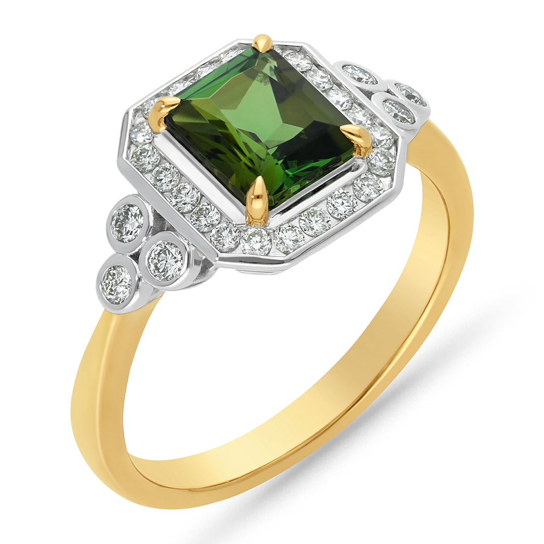 9ct Yellow and White Gold Green Tourmaline and Diamond ring, 1.50ct centre