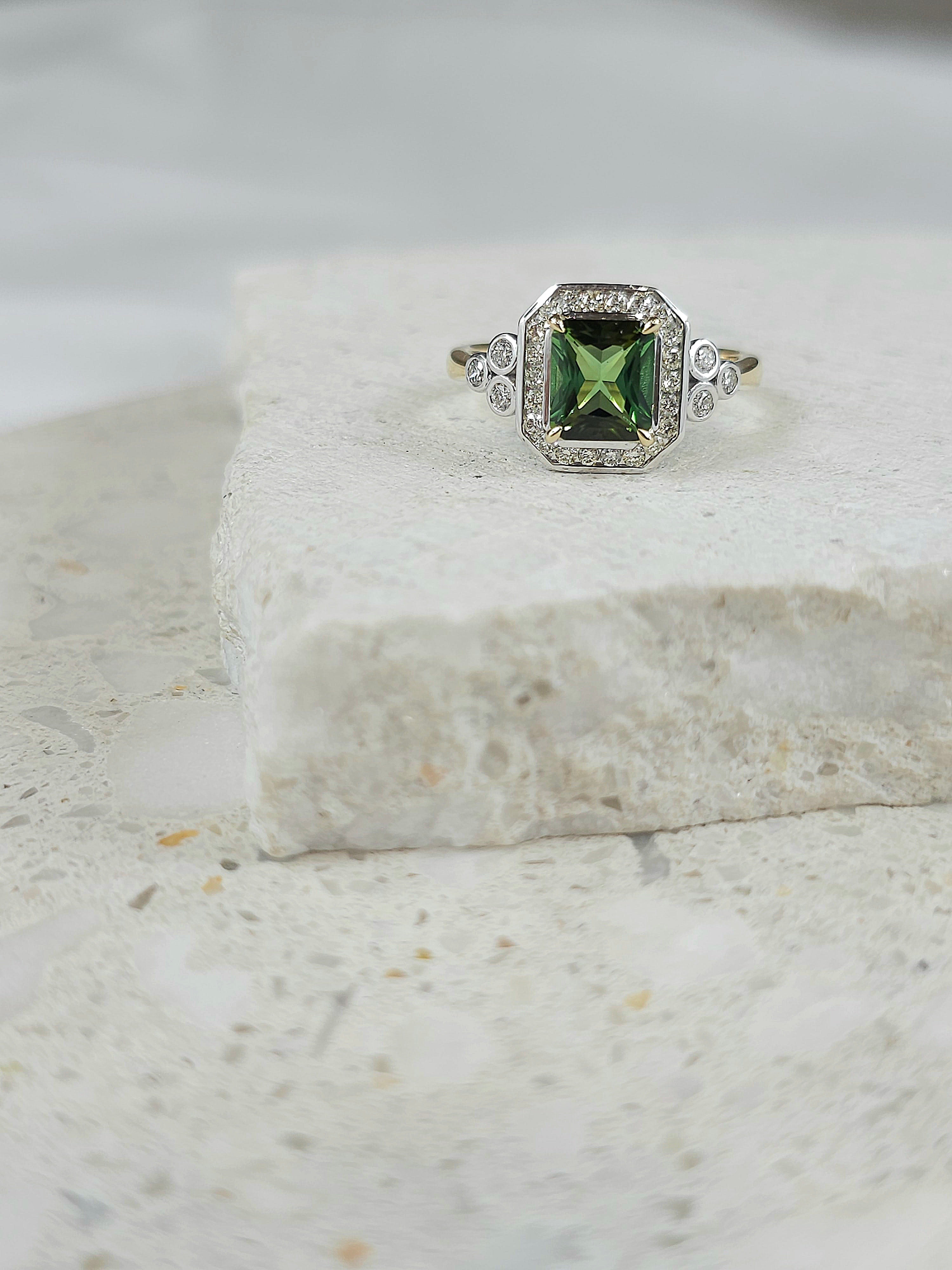 9ct Yellow and White Gold Green Tourmaline and Diamond ring, 1.50ct centre