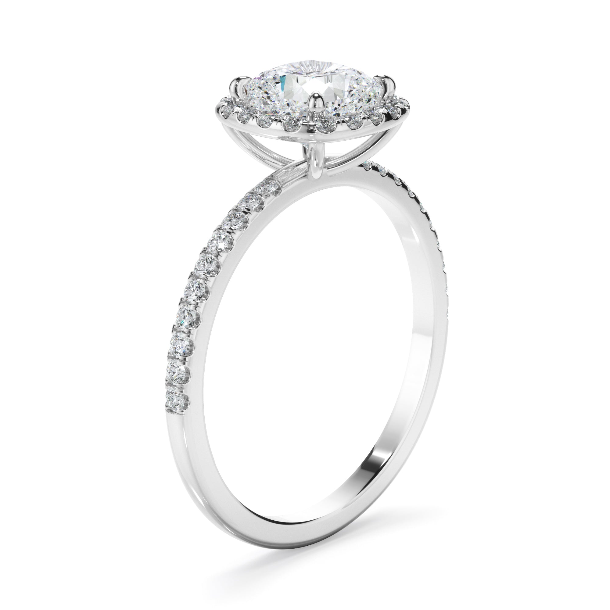 Cushion Cut Diamond Halo Engagement Ring With Pave Band