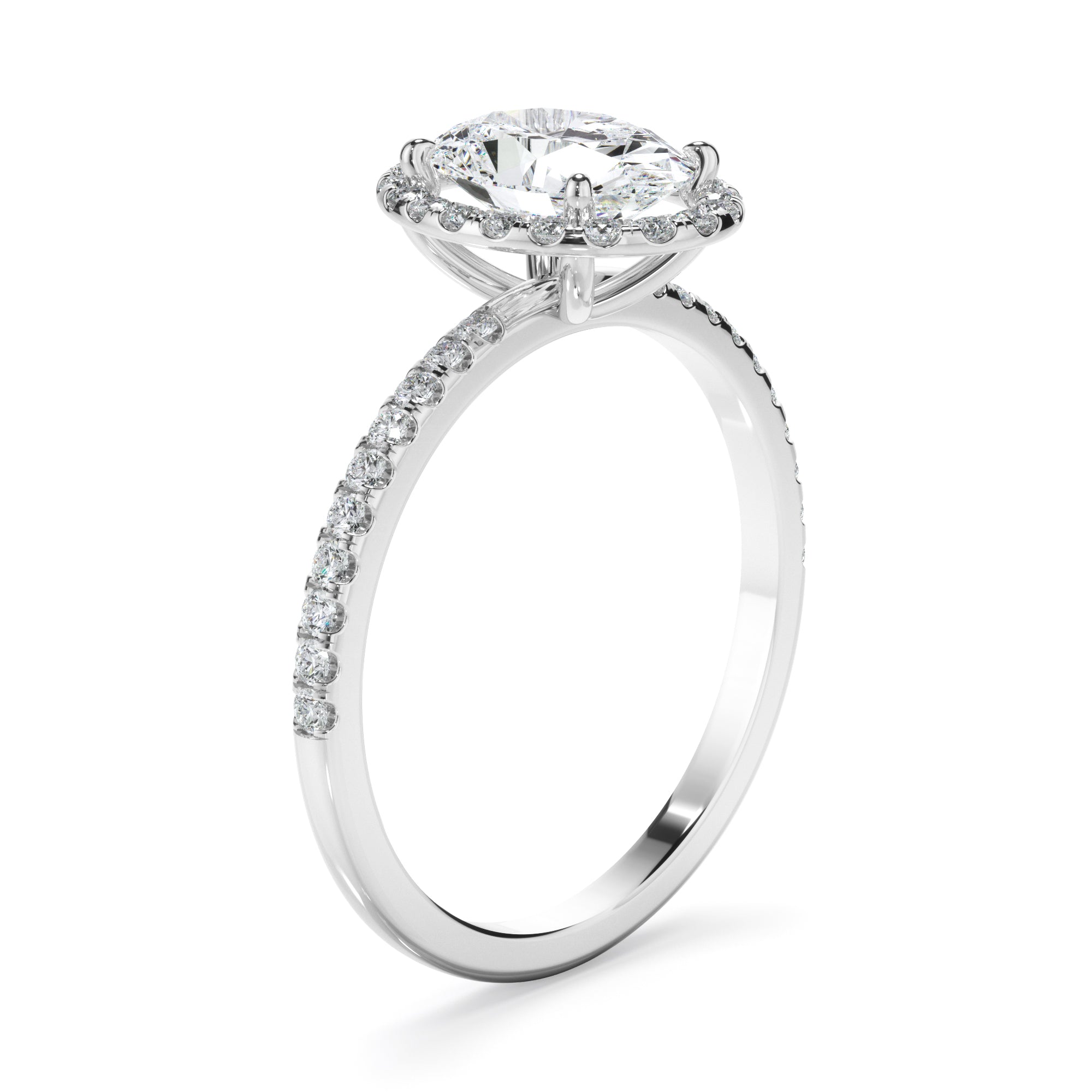 Oval Cut Diamond Halo Engagement Ring With Pave Band