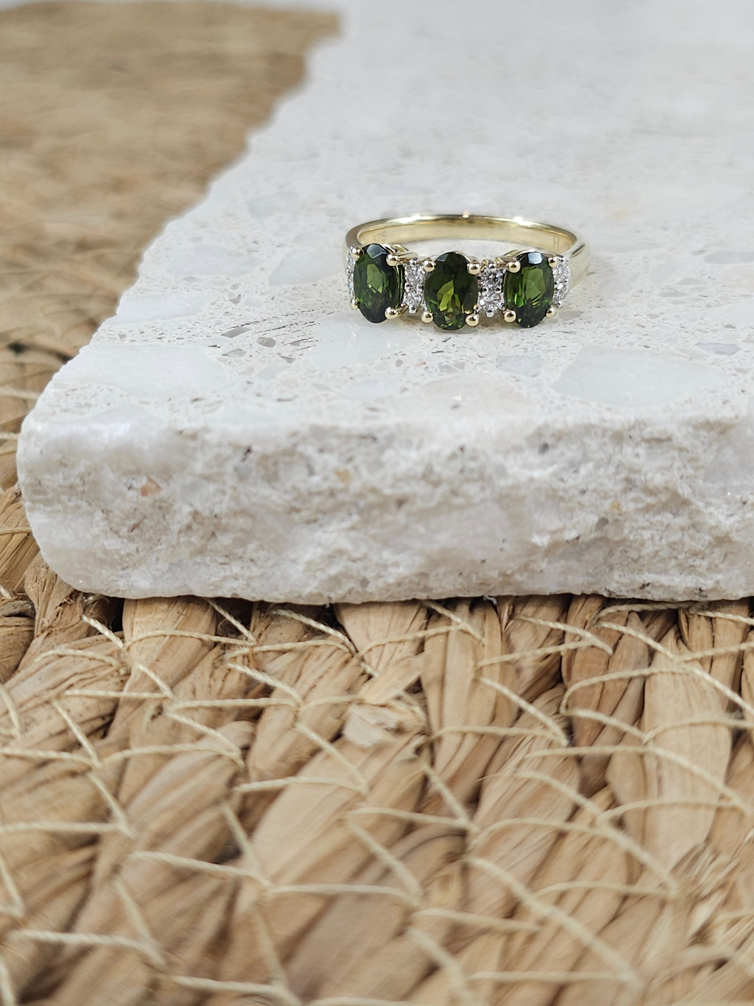 9ct Yellow and White Gold Green Tourmaline and Diamond ring