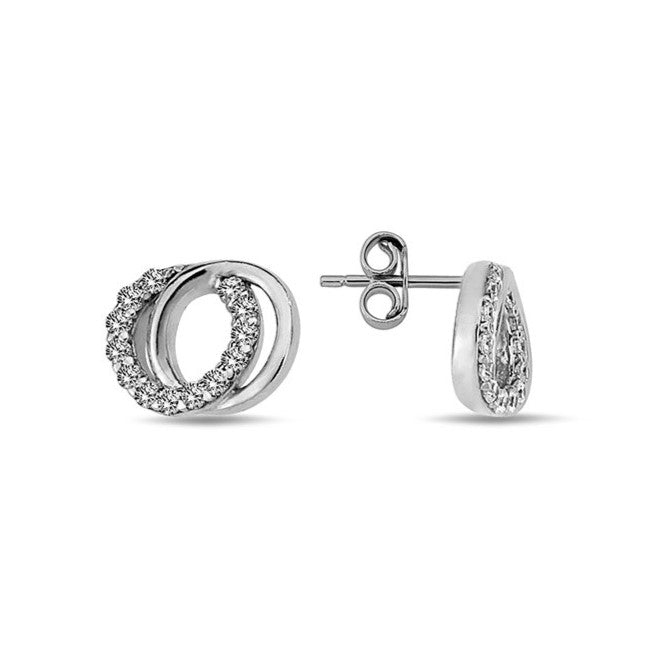 9ct White Gold CZ and polished Double Circle stud earrings