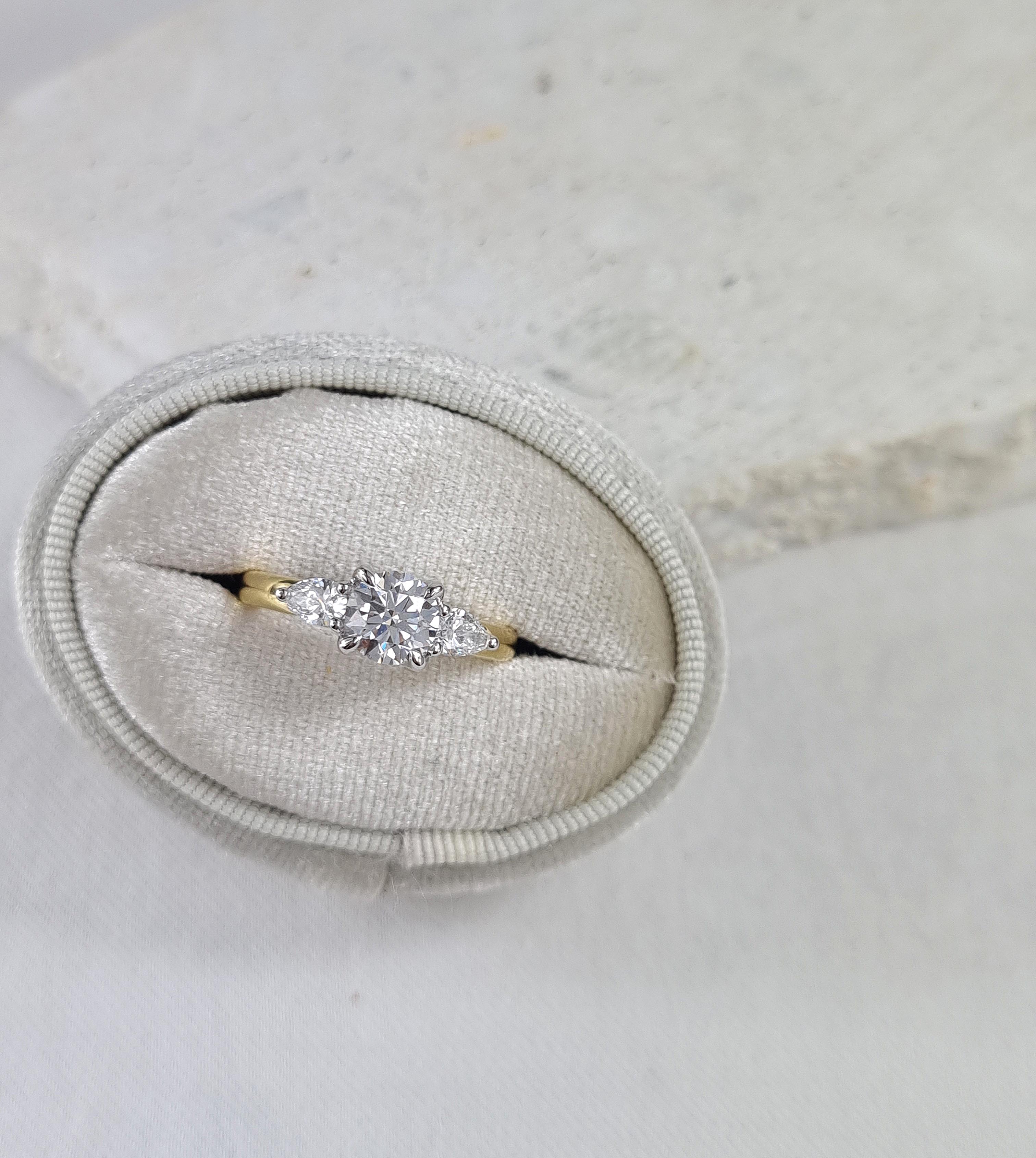 18ct Yellow and White Gold Lab-Grown Round and Pear Trilogy Diamond Engagement ring, 1.03ct centre